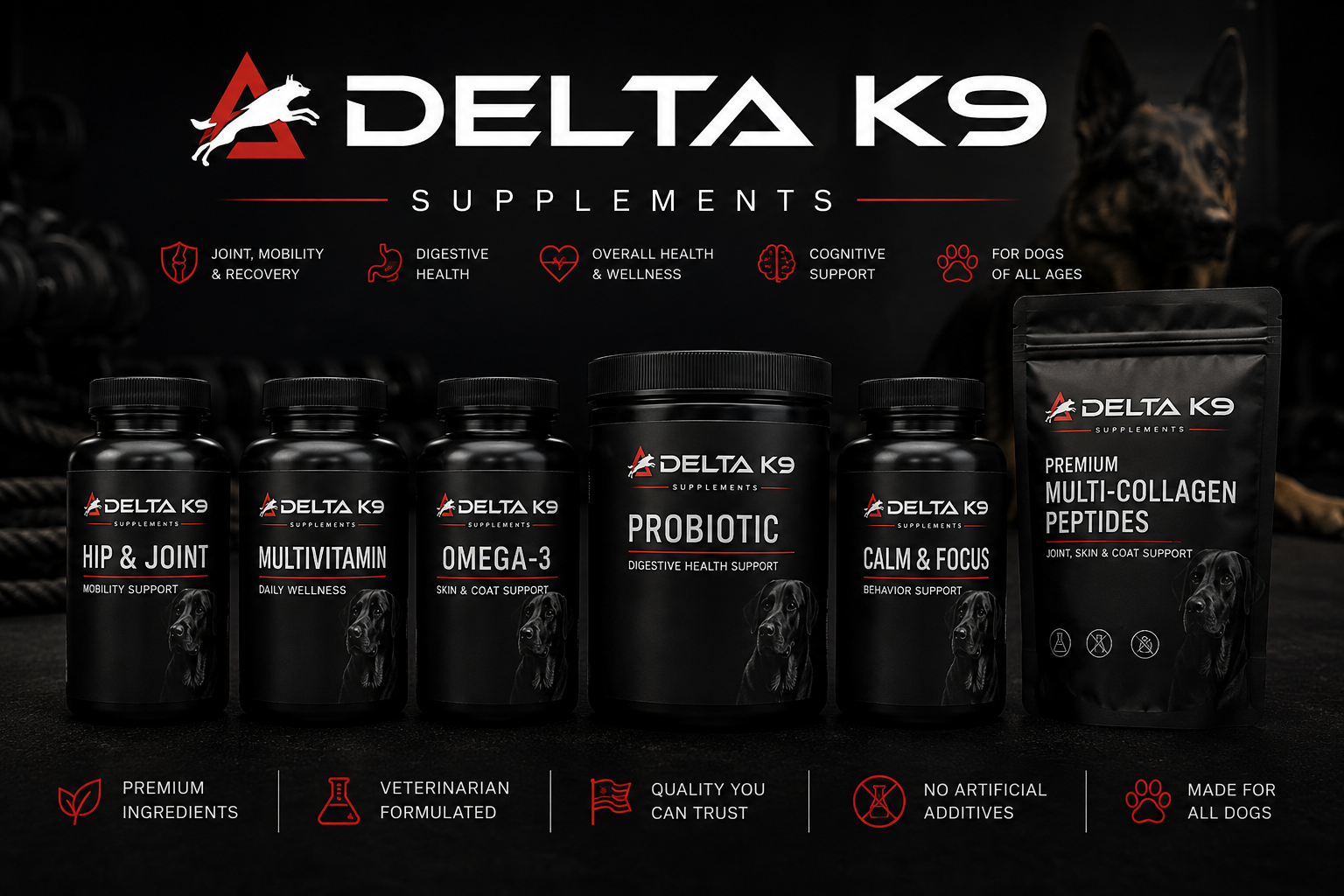 Delta K9 supplements lineup including Hip and Joint, Multivitamin, Omega 3, Probiotic, Calm and Focus, and Multi Collagen Peptides