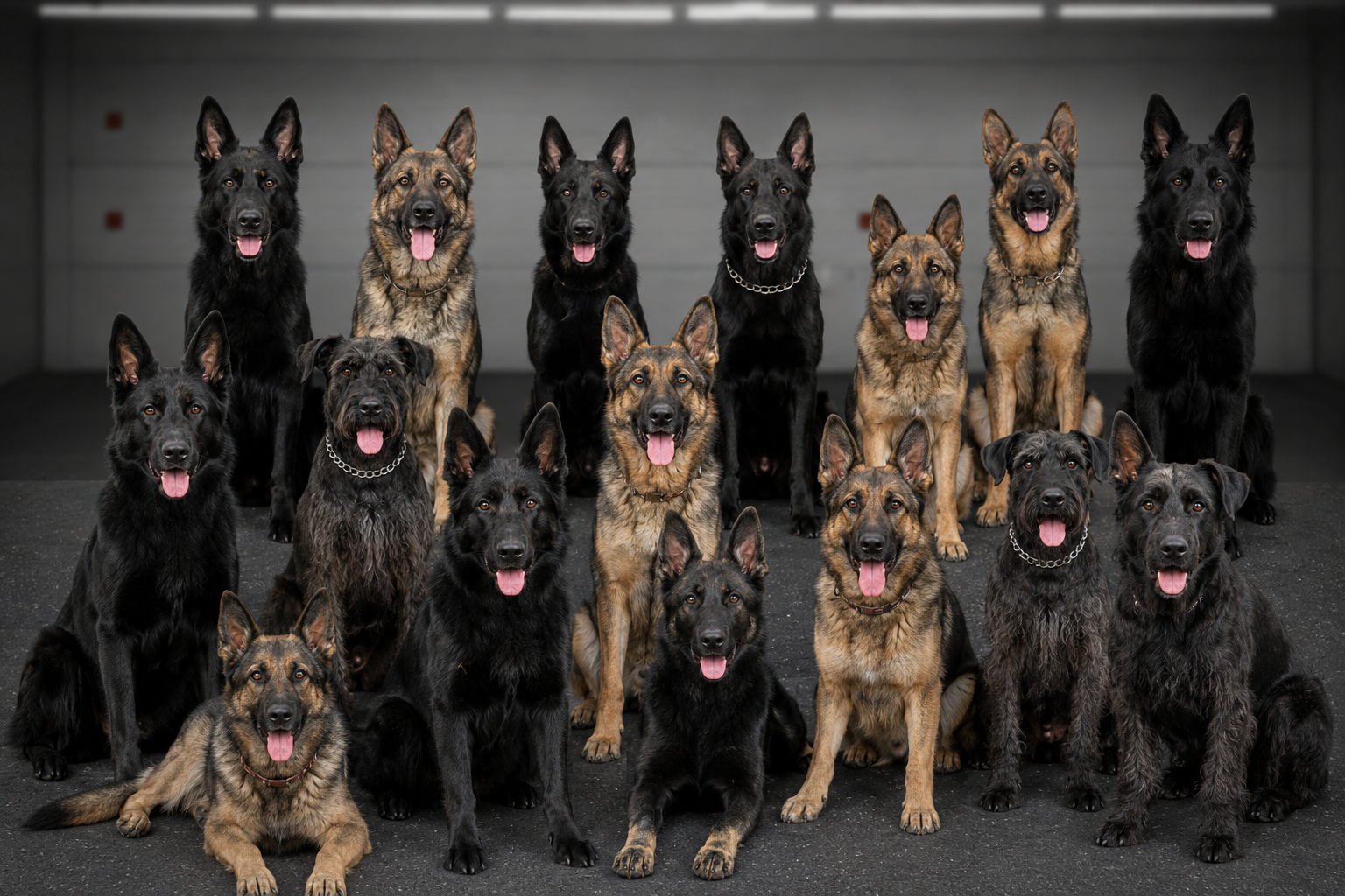 A group of trained German Shepherds and protection dogs at Delta K9 Academy
