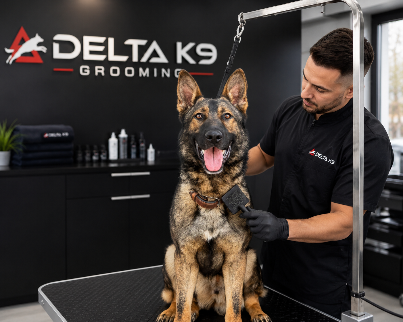 Professional grooming session for a working dog